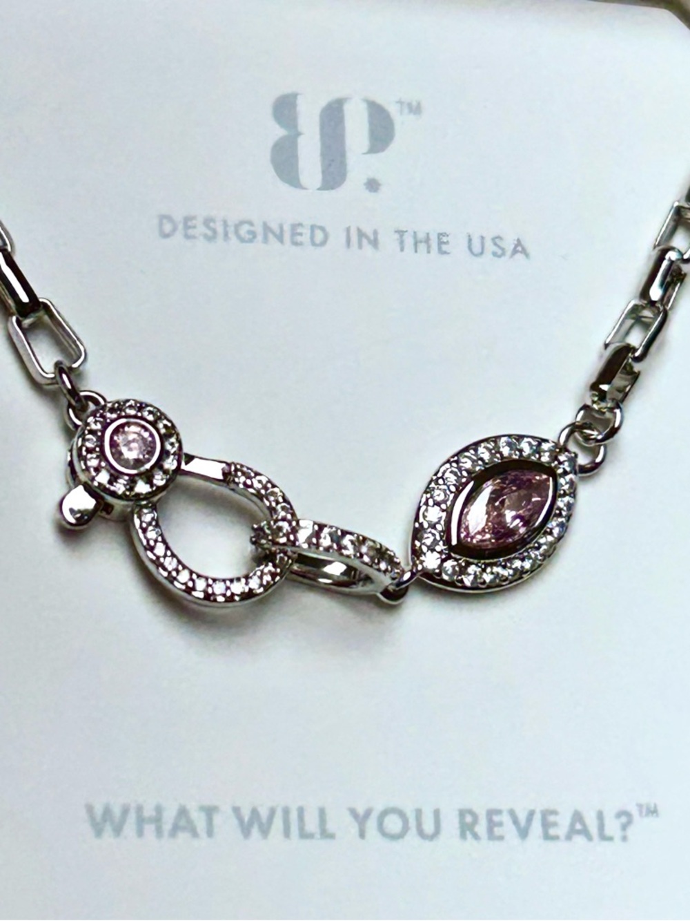 Silver-Tone Pink Crystal Link Necklace by 8P — Sparkling Marquise Pendant